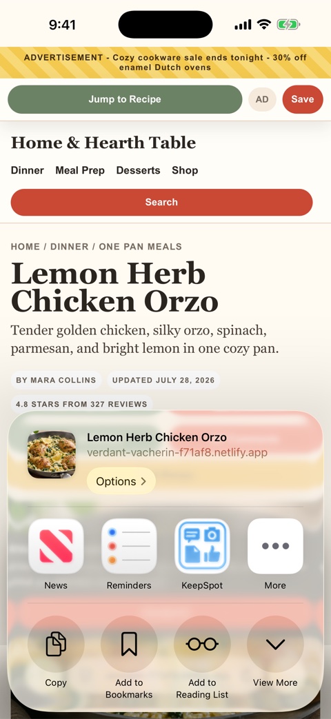 A recipe page open in Safari with the iPhone Share menu open, showing KeepSpot and More in the row of apps.