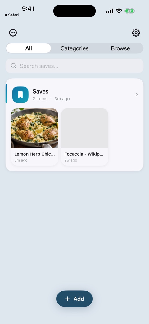 The KeepSpot library showing the saved recipe with its photo and title in the Saves collection.