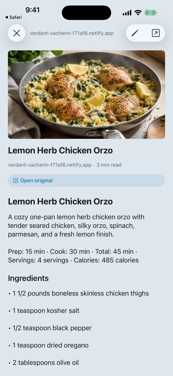 A recipe saved in KeepSpot shown in a clean reading view: the dish photo, the title, an Open original button, and the ingredients, with no ads or pop-ups.