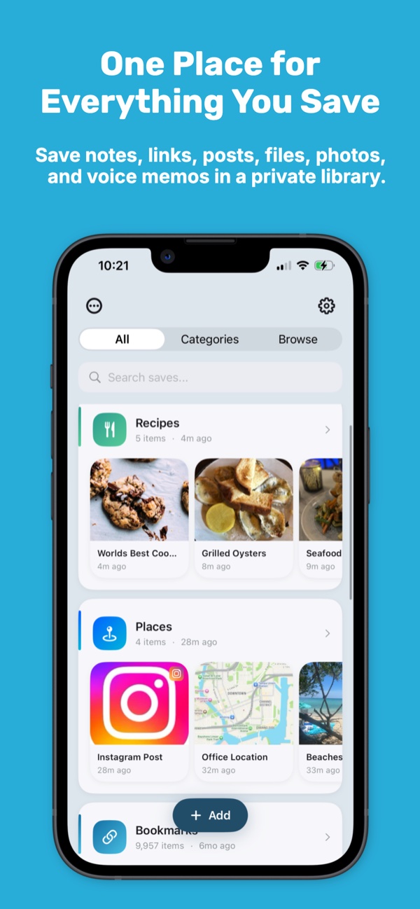 KeepSpot library showing Recipes, Places, and Bookmarks collections with saved items.