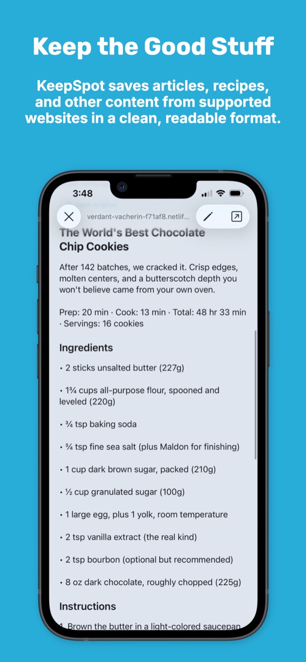 A saved recipe shown in a clean, readable view with ingredients.